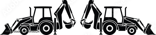 Two black construction loaders with buckets facing each other