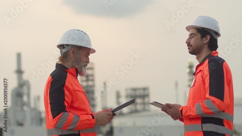 Two engineers collaborating on site management at an oil refinery, using a tablet and clipboard to review data for a quality control inspection at dusk.