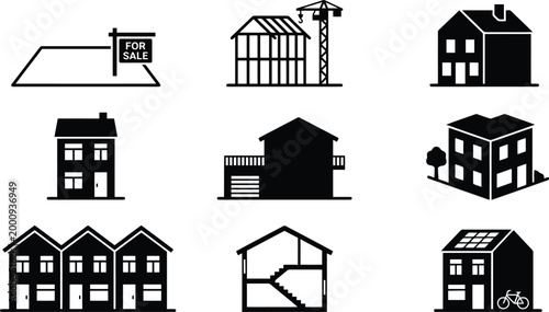 Sammlung von neun schwarz-weißen Icons, die verschiedene Aspekte von Häusern, Immobilien und Bauwesen illustrieren, darunter Baugrundstücke, Rohbauten, fertige Wohnhäuser und Reihenhäuser.