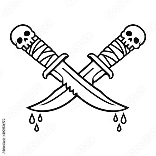 Crossed Knives with Skulls and Dripping Blood, Tattoo Style Outline