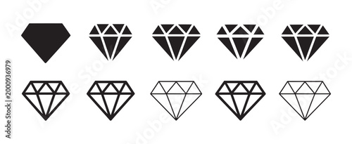 Diamond icons collection, various styles, solid and outline designs, gemstone symbols vector set, luxury jewelry design elements for branding projects