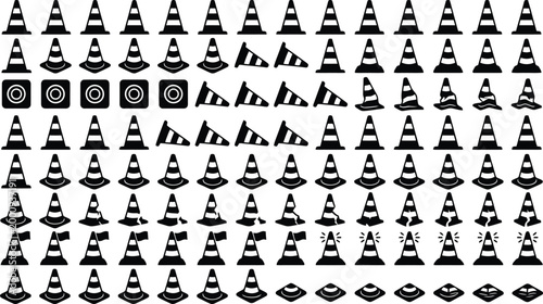 Detaillierte Sammlung von Verkehrsleitkegel-Symbolen in Schwarz-Weiß, verschiedene Formen und Ausrichtungen darstellend.