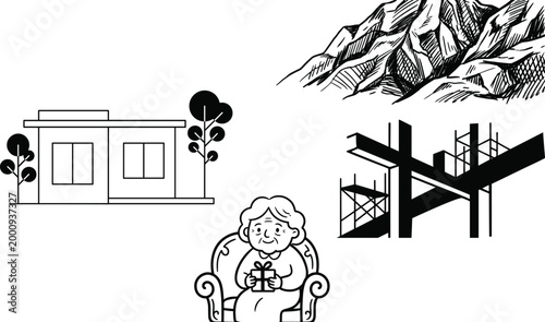 Black line and silhouette set showing modern house, elderly woman with gift, mountain sketch, and construction framework
