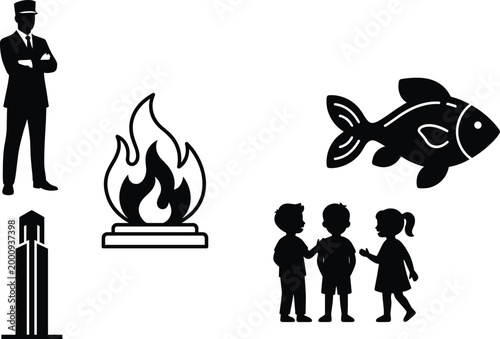 Black silhouette icon set featuring businessman figure, flame symbol, fish graphic, children interaction, and architectural tower design