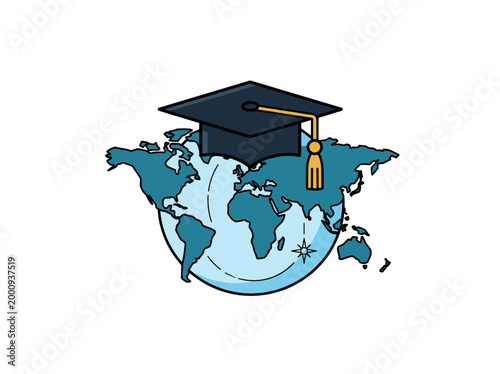 Graduation cap over globe world map on light background concept of global education and international learning