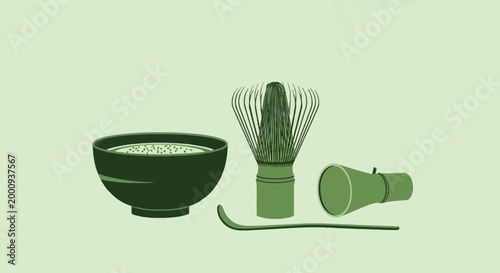 A set of traditional Japanese matcha tea ceremony tools, including a whisk, bowl, and scoop, arranged on a light green background.