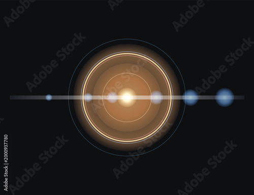 Golden Ring Lens Flare with Horizontal Anamorphic Ghosting. Complex lens flare featuring a central golden ring and horizontal anamorphic light reflections.