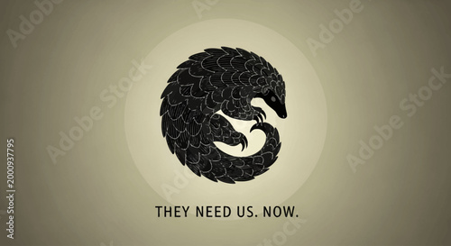 A stylized illustration of a pangolin curled into a ball, with the text "THEY NEED US. NOW." below it.