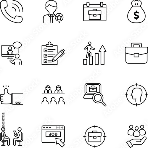 Business career success employment recruitment service icons, phone, user, calendar, money bag, video call, checklist, briefcase