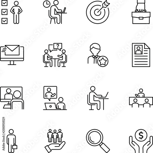 Recruitment career interview business meeting success icons, checklist, laptop, target, briefcase, envelope, resume, magnifying glass, dollar