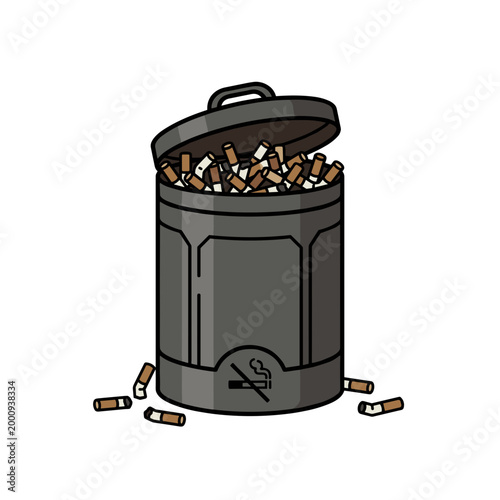 Cigarette butts in disposal bin isolated on light background concept of waste management and quitting smoking