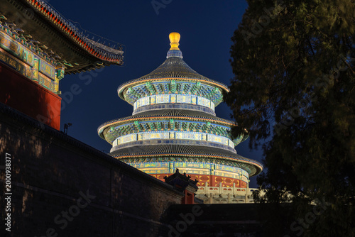 Temple of Heaven illuminated at blue hour in Beijing, China