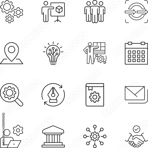 Business technology project management development process icons, gears, team, lightbulb, calendar, location, magnifying glass, envelope, handshake