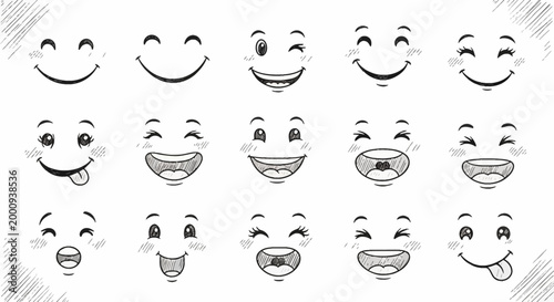 A collection of hand-drawn cartoon faces expressing various emotions and moods, presented in a grid format.