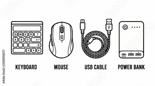 Set of computer accessories and electronic gadgets icons including keyboard, mouse, usb cable and power bank