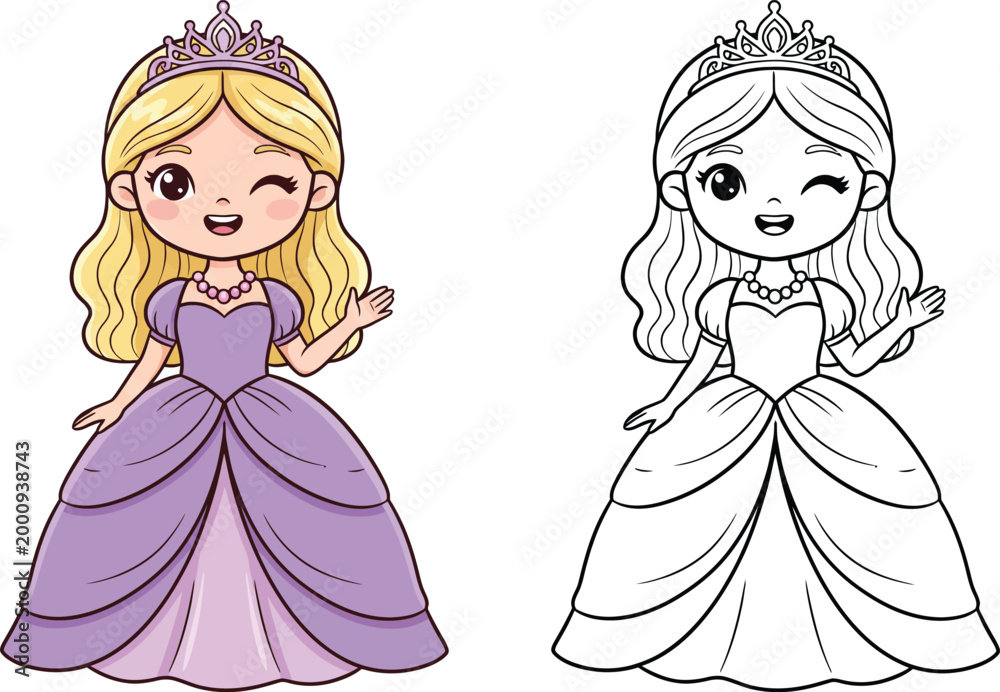 Fototapeta premium Adorable Cartoon Princess Waving in Elegant Purple Gown