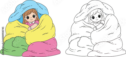 Cozy Cartoon Girl Wrapped in Blanket Cute Illustration for Comfort and Relaxation Designs