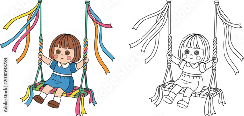 Cute Cartoon Doll Swinging with Colorful Ribbons