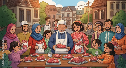 A Muslim family gathers outdoors to prepare and distribute meat, likely for a religious celebration like Eid al-Adha.