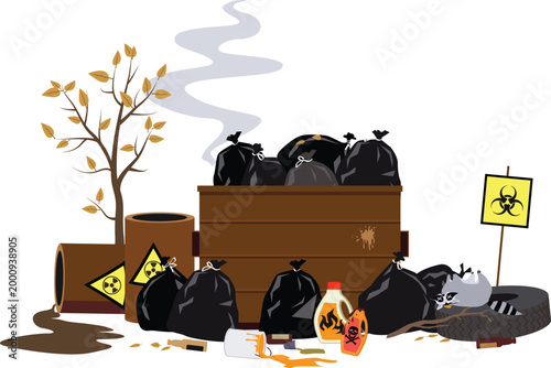 hazardous waste pile with biohazard sign and tree