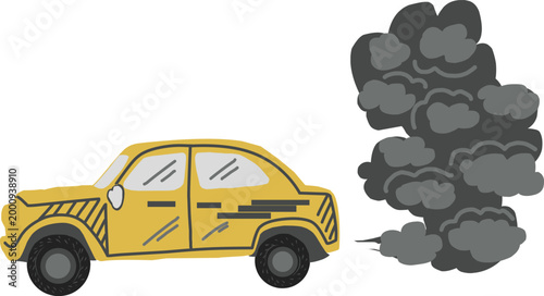 yellow car emitting black smoke