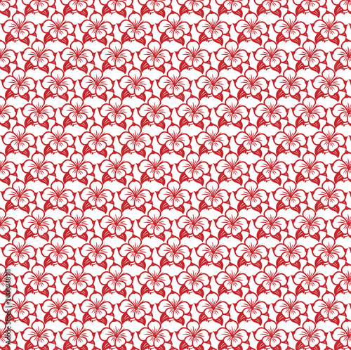 Seamless Red Floral Pattern Featuring Elegant Hibiscus Style Outlines on a Clean White Background
