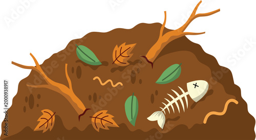 pile of dirt with leaves branches and fish skeleton
