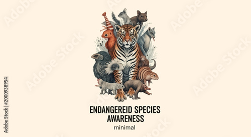 A striking illustration of various endangered species, including a tiger, armadillo, and birds, arranged together to raise awareness for conservation efforts.