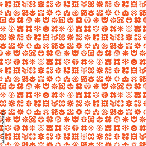 Orange and white ethnic folk art seamless pattern with geometric floral blossom motifs for textile and wallpaper