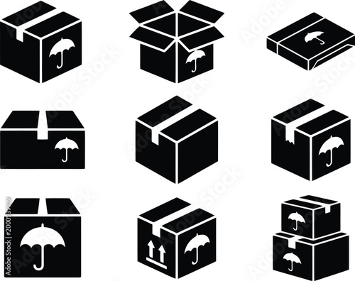 Schwarze Silhouetten von Versandkartons mit Regenschirmsymbolen, die Vorsicht und Trockenheit beim Transport anzeigen.
