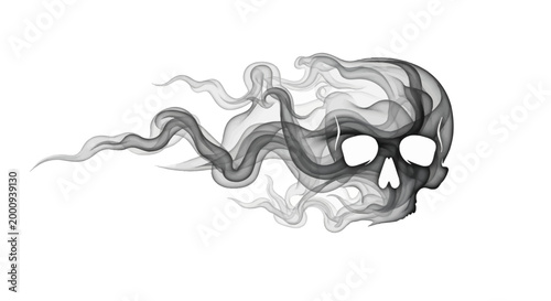 A ghostly black and white skull made of swirling smoke, trailing off to the left on a white background.