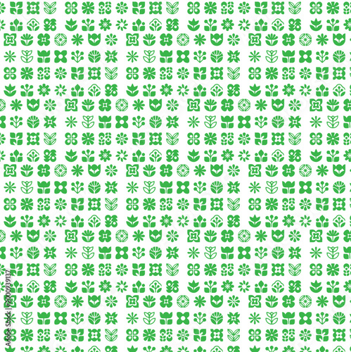 Seamless Botanical Icon Pattern with Green Floral Symbols on White Background for Eco Friendly Design