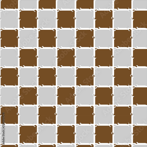 Seamless Brown and Grey Checkered Pattern with Ornamental Scroll Details for Vintage Textile and Wallpaper Design
