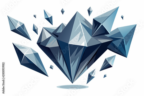 Geometric crystalline abstract illustration featuring sharp angular shards in shades of blue and grey, a modern design.