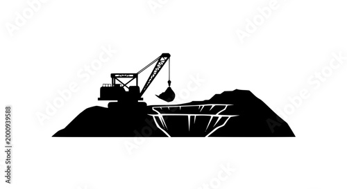 Heavy Duty Mining Excavator Silhouette at Quarry Construction Site