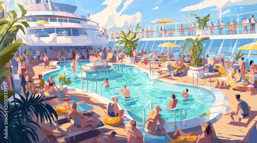 Colorful illustration of a vibrant cruise ship pool deck filled with people enjoying leisure activities under sunny skies with palm trees and lounge chairs