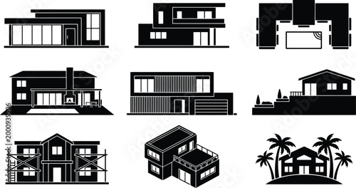 Sammlung von neun verschiedenen schwarzen Silhouetten von Häusern, darunter moderne Designs, traditionelle Gebäude, Bauprojekte und Grundrisse.