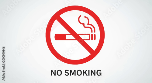 A clear graphic representation of a 'No Smoking' sign with a red circle and a diagonal line over a lit cigarette emitting smoke, with the text 'NO SMOKING' below.