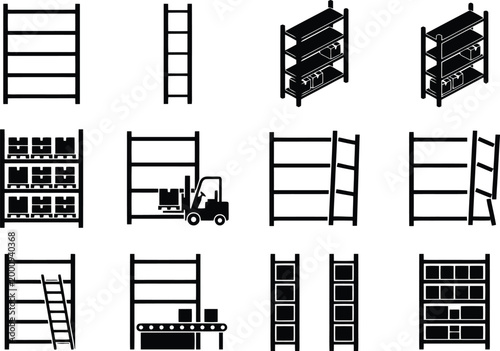 Verschiedene Symbole und Piktogramme für Lagerregale, Logistik und Warenlagerung in Schwarz-Weiß.
