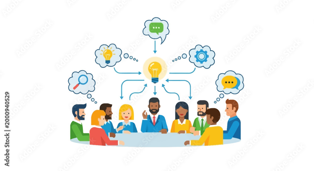 Fototapeta premium Diverse group of professionals collaborating around a table, brainstorming ideas with lightbulbs and thought bubbles symbolizing innovation and teamwork.