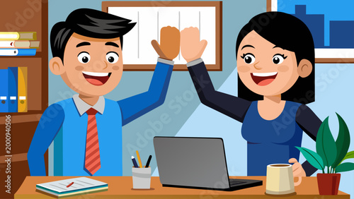 Smiling office coworkers high fiving in front of a laptop computer on a wooden desk