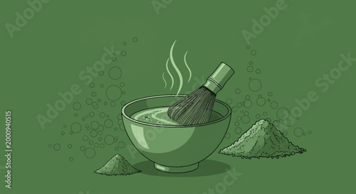 A detailed illustration of matcha tea preparation with a bowl, whisk, and powder, set against a green background.