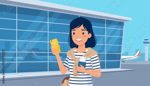 Woman standing in front of an airport terminal building holding phone and boarding pass