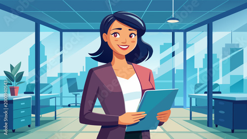 Smiling business woman holding clipboard in modern office interior with city view
