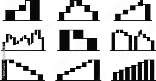 Neun verschiedene Schwarz-Weiß-Pixelkunst-Darstellungen von abstrakten geometrischen Formen, die an Treppen, Balkendiagramme und Stadtansichten erinnern.