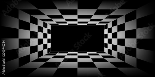 Chess perspective room background. Black and white chess board perspective room texture. Chess board pattern surface. Fading and disappearing chess board background. Abstract vector illustration.