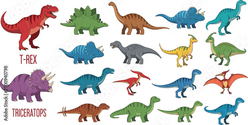 Detailed Cartoon Dinosaur Species Identification Set Featuring Labeled T-Rex Triceratops Stegosaurus Brontosaurus Pterodactyl Parasaurolophus and More Prehistoric Reptiles