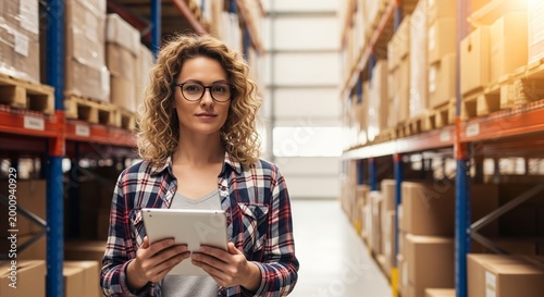 Woman in Glasses Holding Tablet in Warehouse Aisle with Shelves of Boxes, Logistic and Inventory