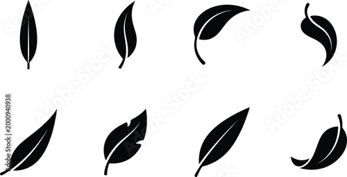 Acht verschiedene schwarze Blattsilhouetten, die die Vielfalt der Natur und des Pflanzenwachstums darstellen.