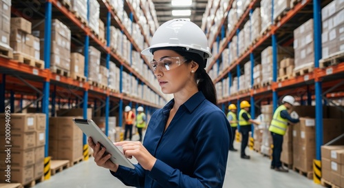 Woman in Hard Hat and Safety Glasses Inspecting Warehouse Inventory on Tablet